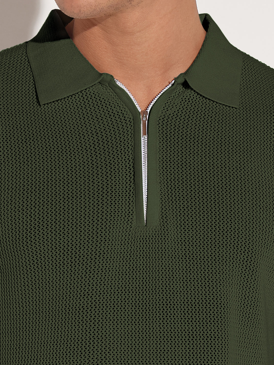 Men’s Textured Green Short Sleeve Semi Sheer Polo T-Shirt with Zipper Detail