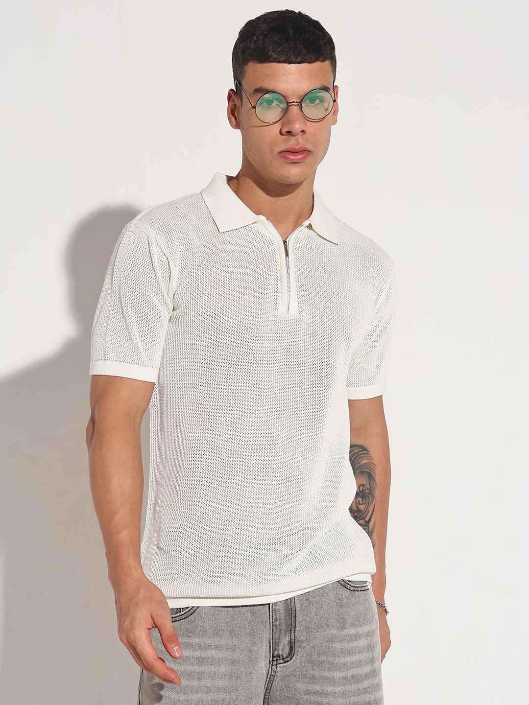 Men’s Textured White Short Sleeve Semi Sheer Polo T-Shirt with Zipper  Detail