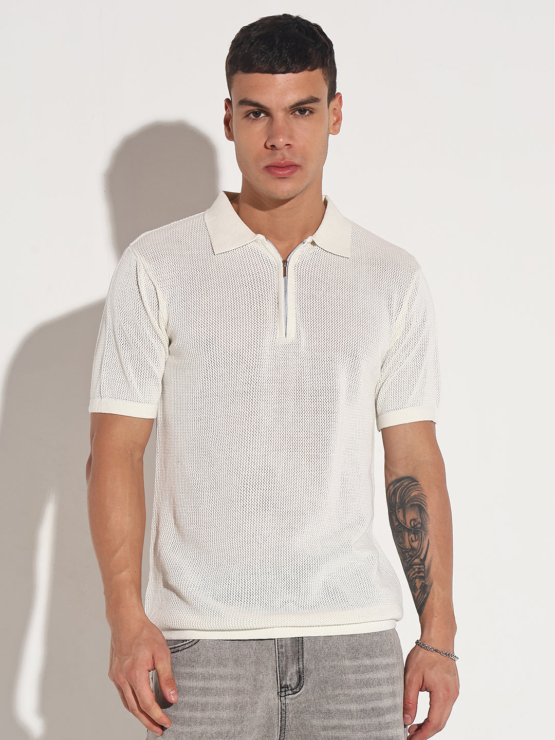 Men’s Textured White Short Sleeve Semi Sheer Polo T-Shirt with Zipper  Detail