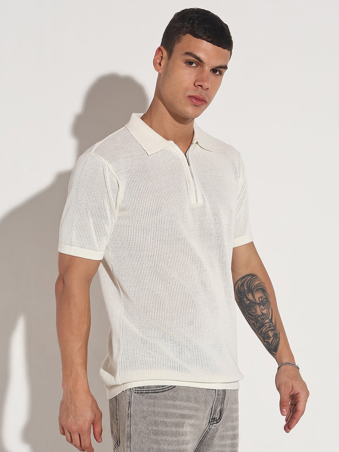 Men’s Textured White Short Sleeve Semi Sheer Polo T-Shirt with Zipper  Detail