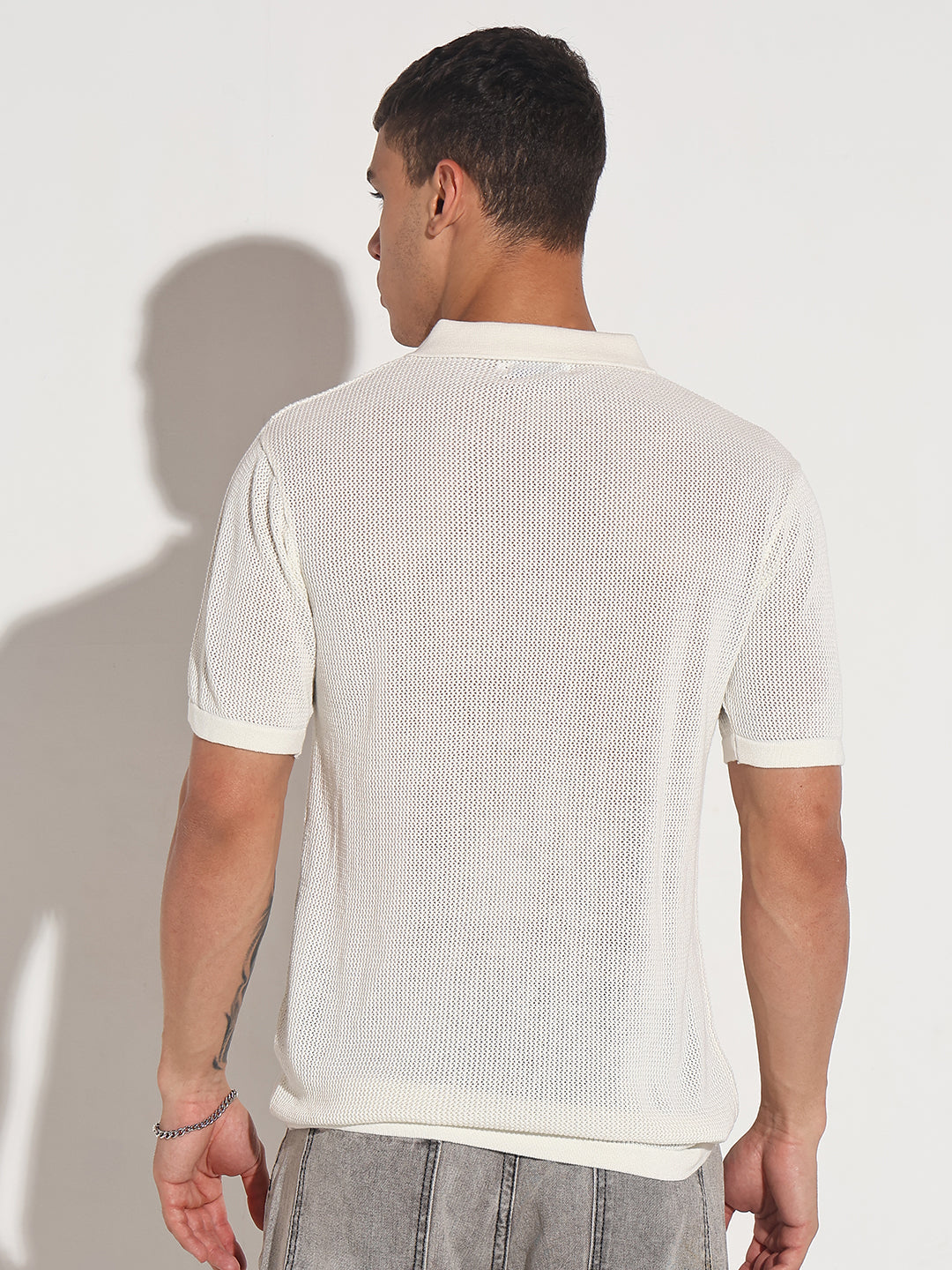 Men’s Textured White Short Sleeve Semi Sheer Polo T-Shirt with Zipper  Detail