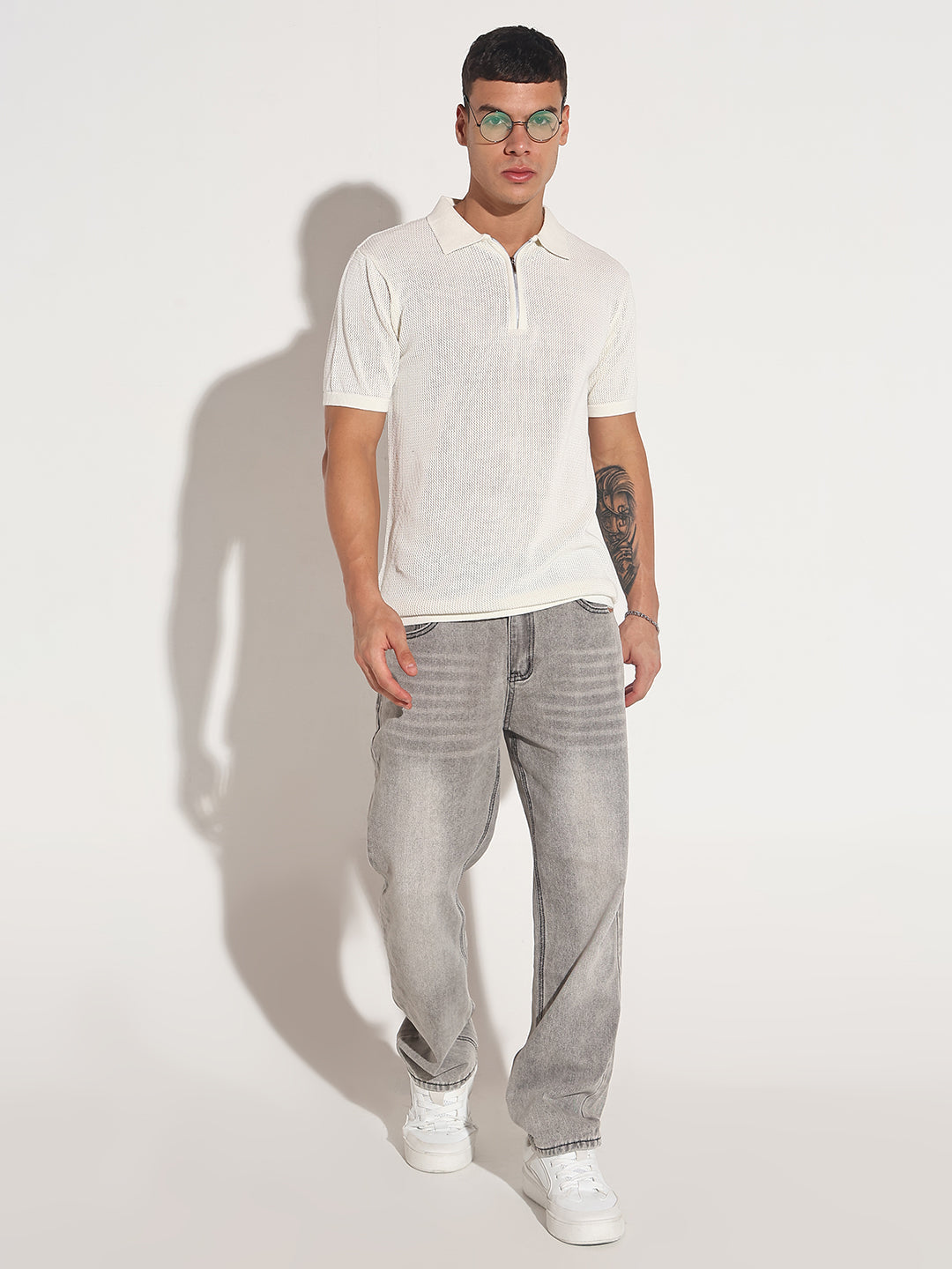 Men’s Textured White Short Sleeve Semi Sheer Polo T-Shirt with Zipper  Detail
