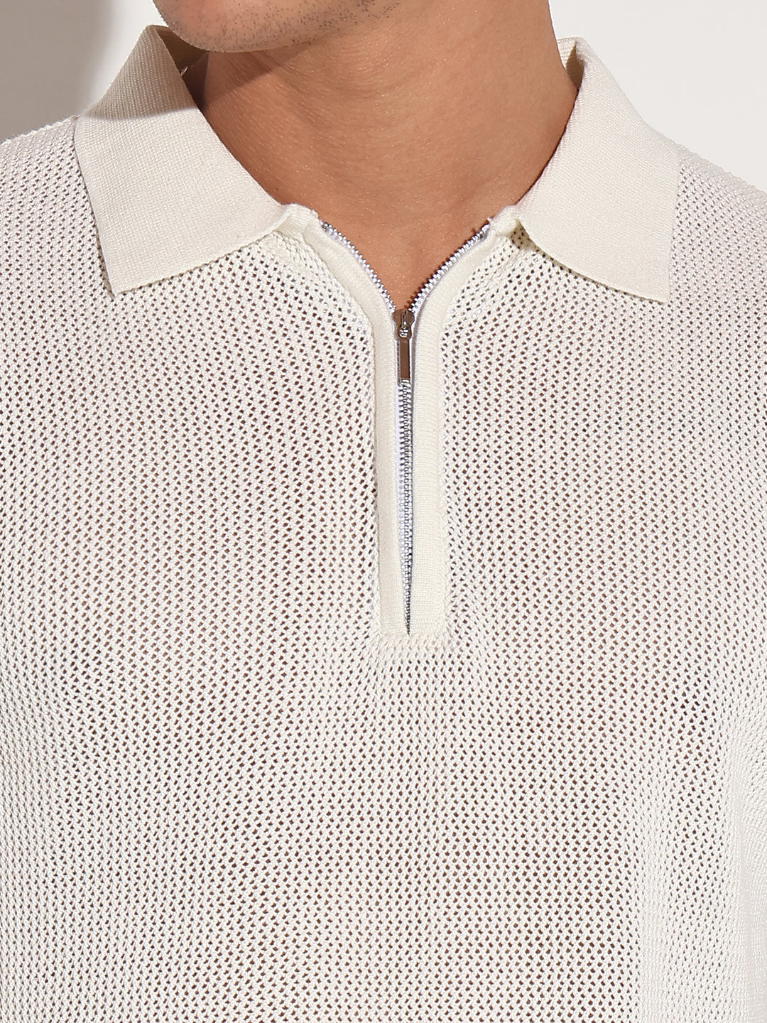 Men’s Textured White Short Sleeve Semi Sheer Polo T-Shirt with Zipper  Detail