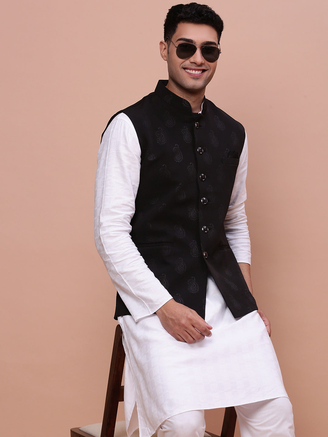 Men Woven Design Black Slim Fit Nehru Jacket