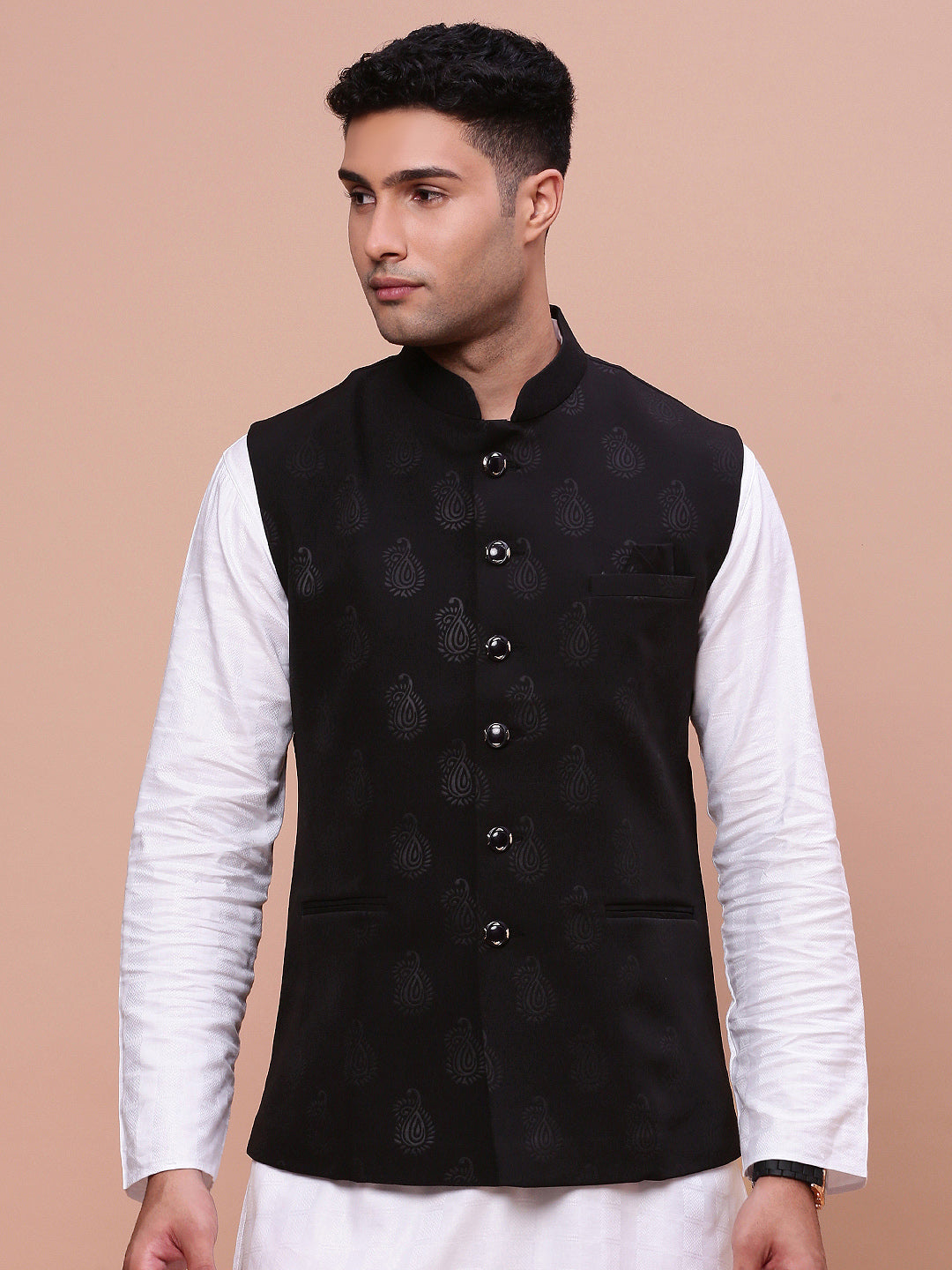 Men Woven Design Black Slim Fit Nehru Jacket