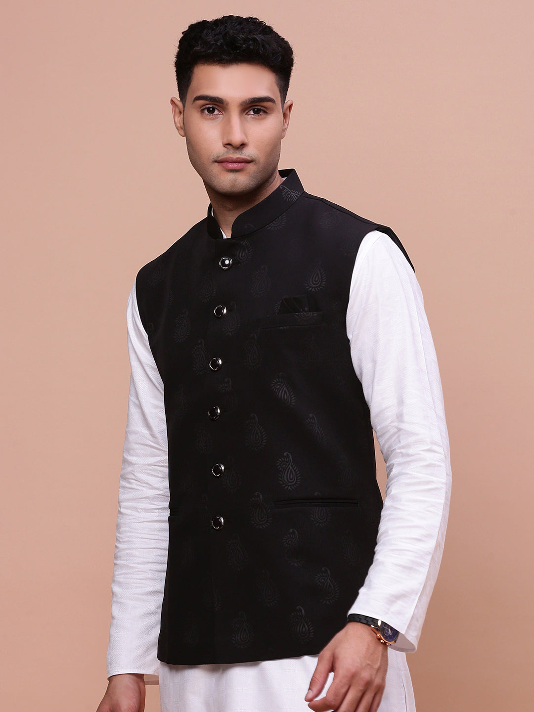 Men Woven Design Black Slim Fit Nehru Jacket