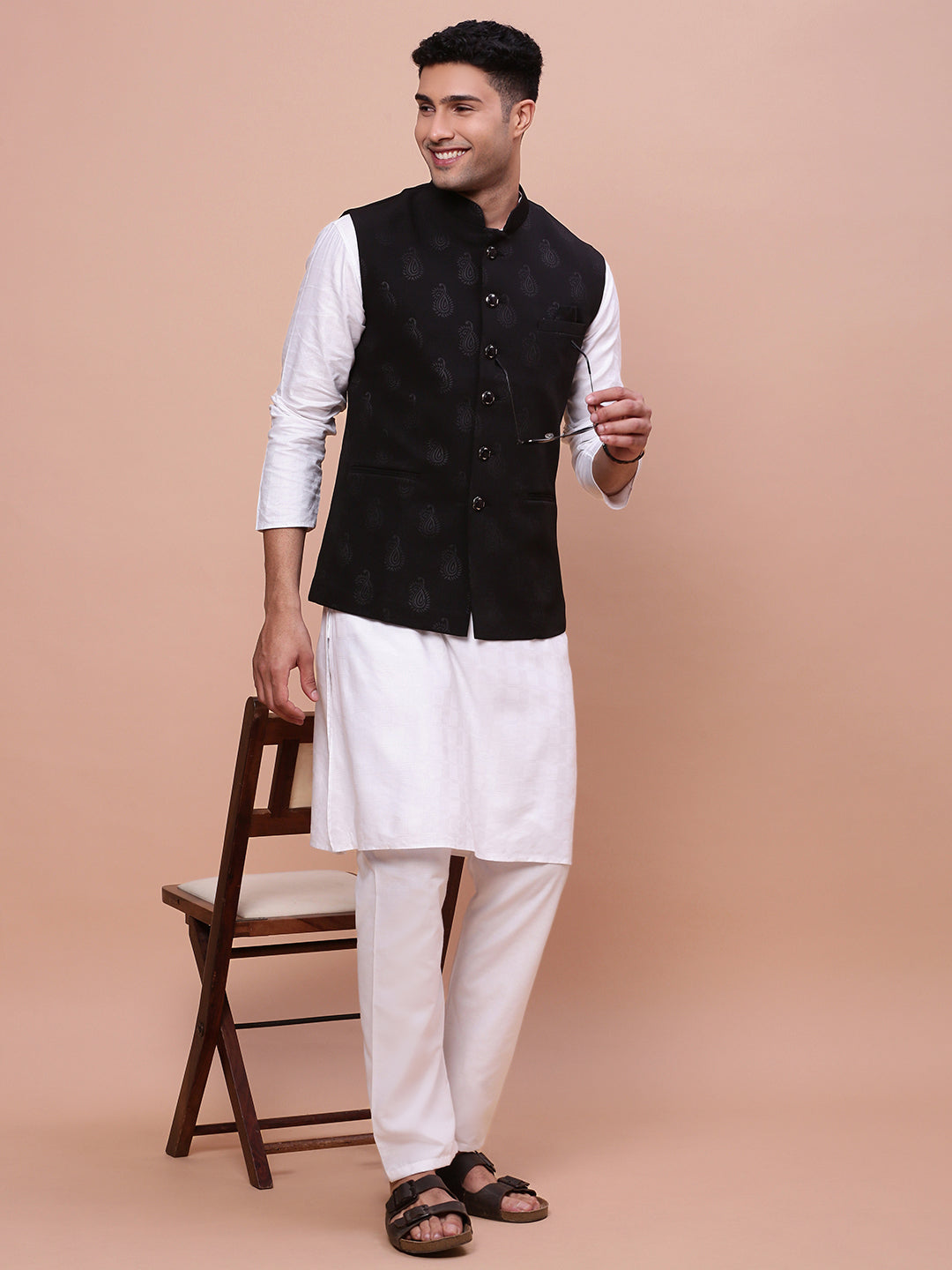 Men Woven Design Black Slim Fit Nehru Jacket