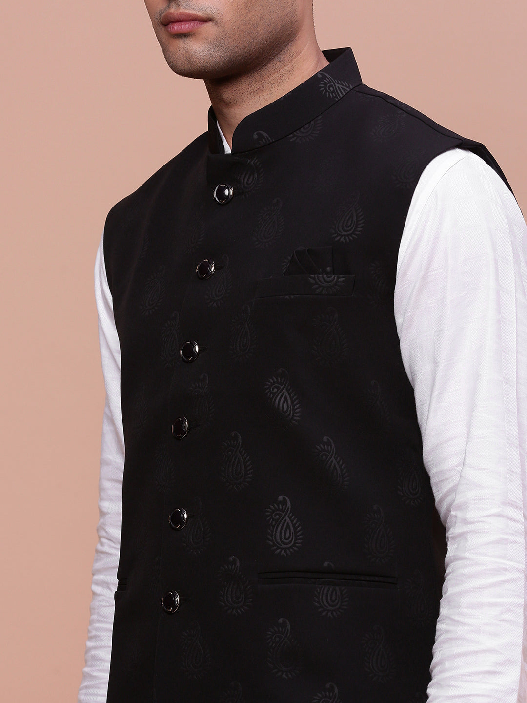 Men Woven Design Black Slim Fit Nehru Jacket