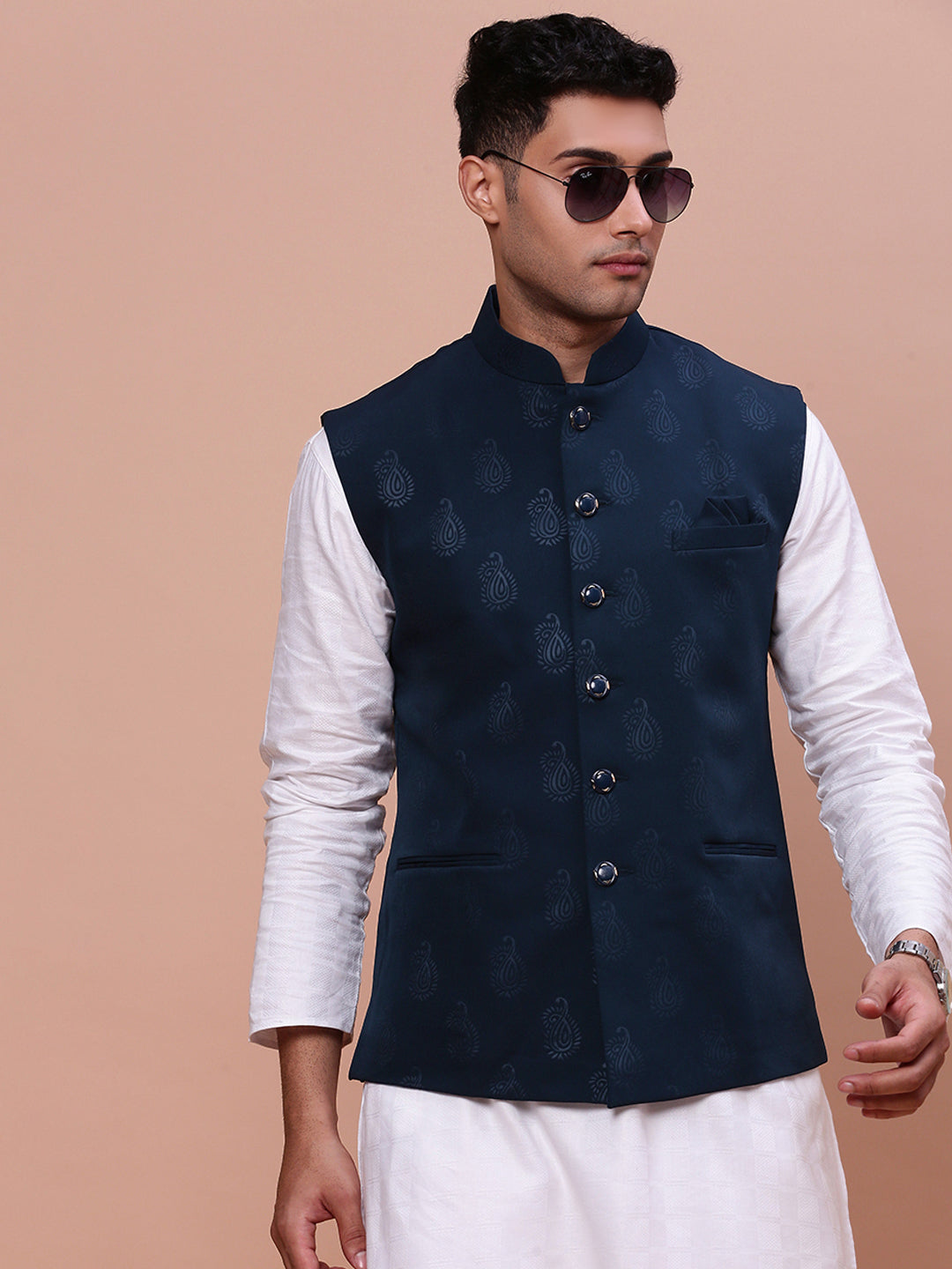 Men Woven Design Teal Slim Fit Nehru Jacket