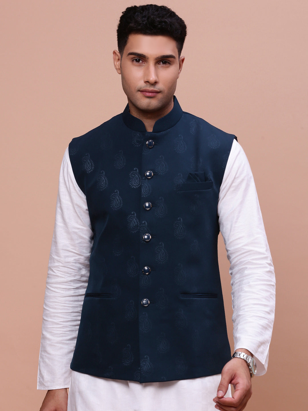 Men Woven Design Teal Slim Fit Nehru Jacket