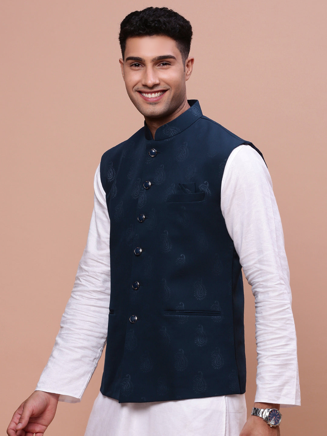 Men Woven Design Teal Slim Fit Nehru Jacket