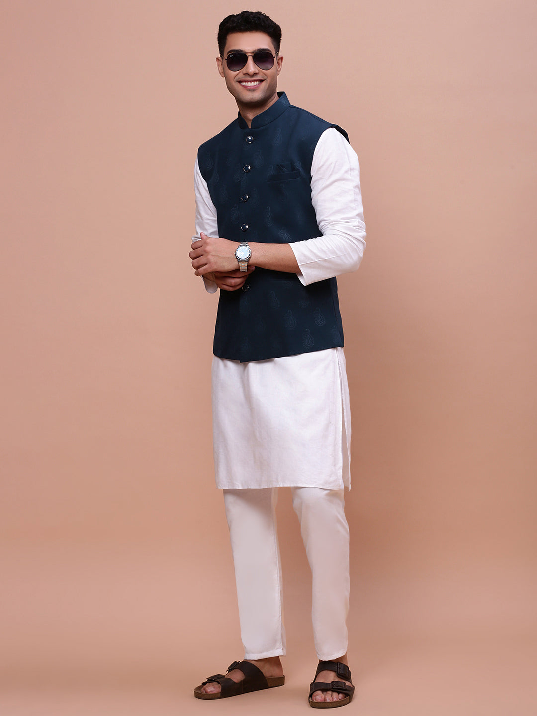 Men Woven Design Teal Slim Fit Nehru Jacket