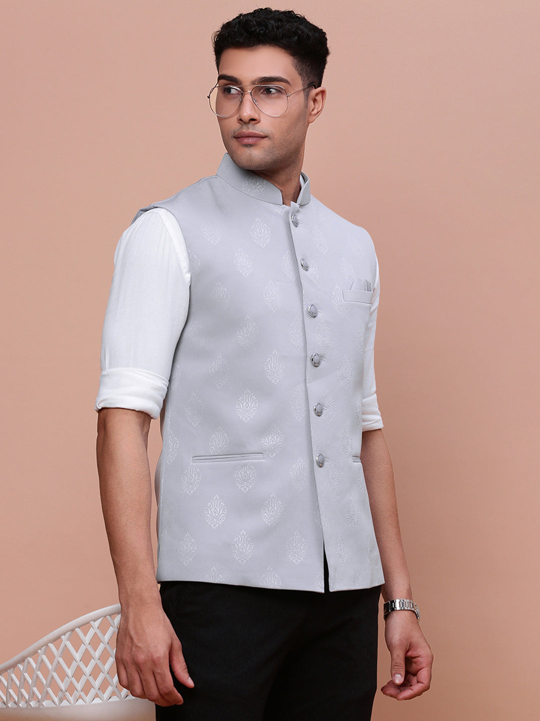 Men Woven Design Grey Slim Fit Nehru Jacket