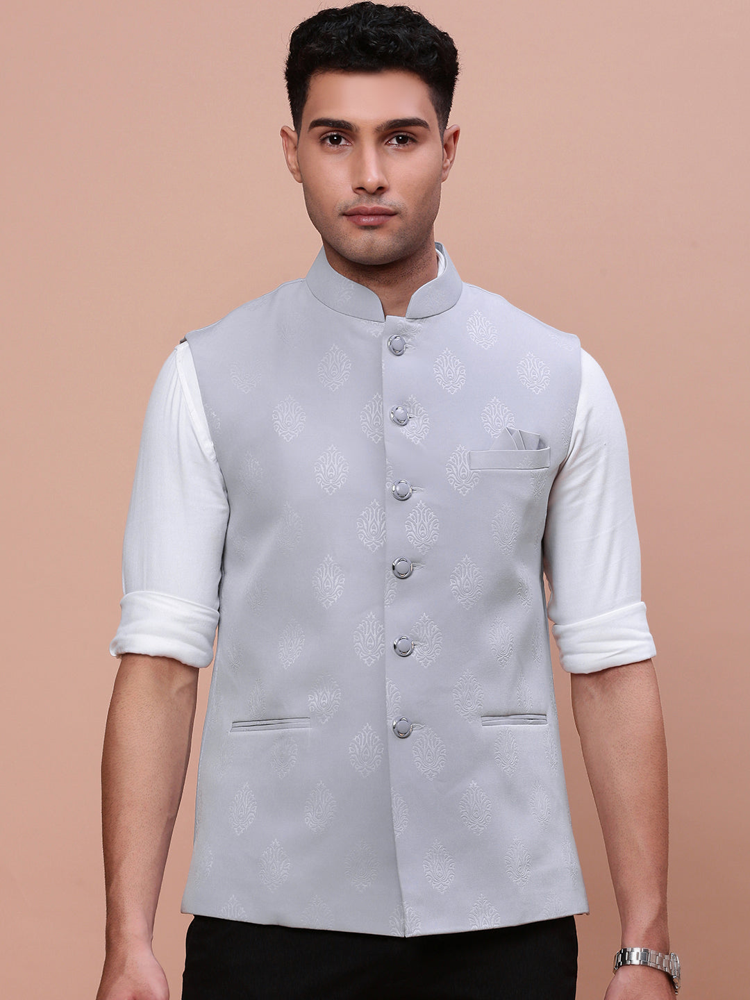 Men Woven Design Grey Slim Fit Nehru Jacket