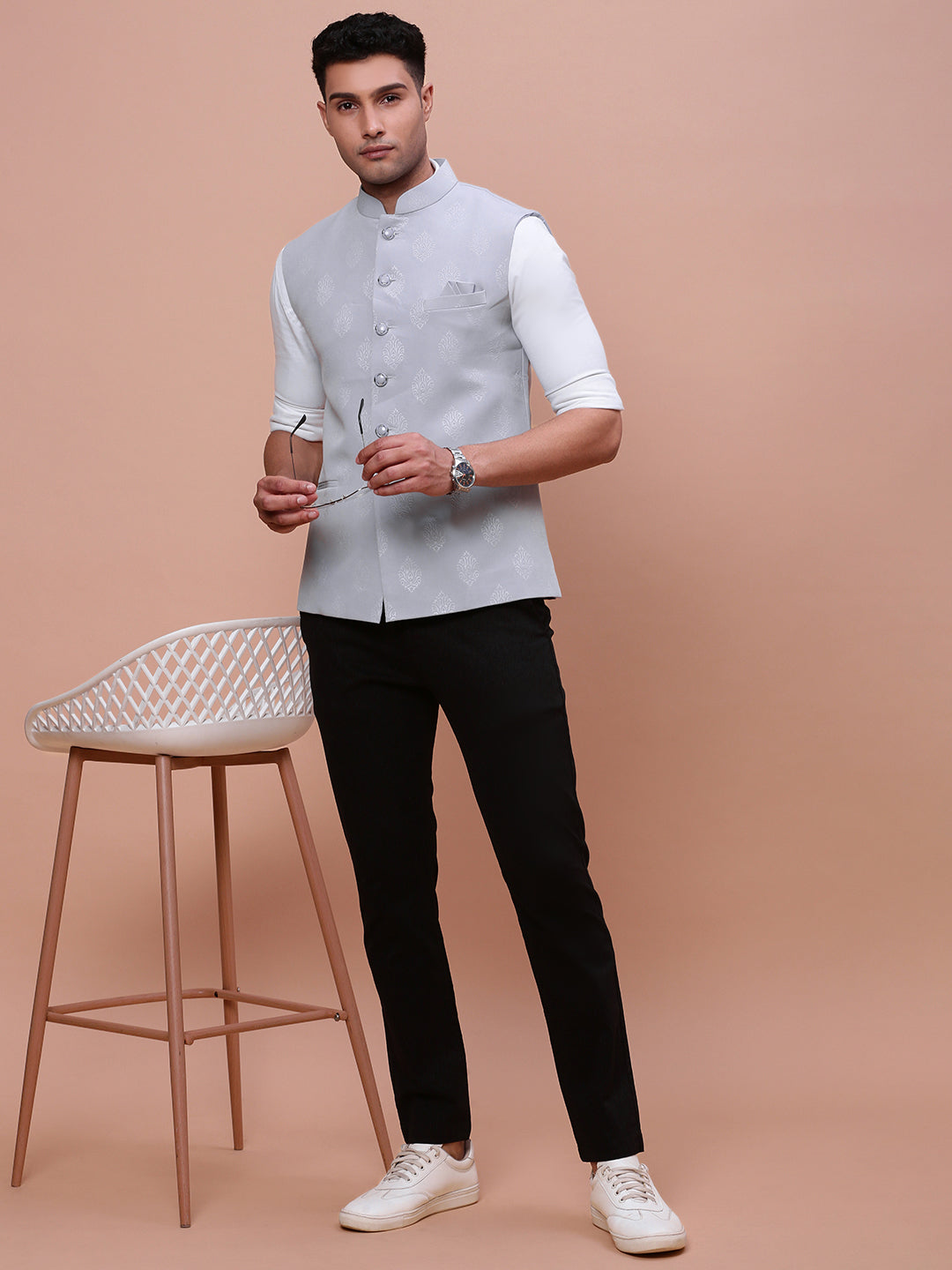 Men Woven Design Grey Slim Fit Nehru Jacket