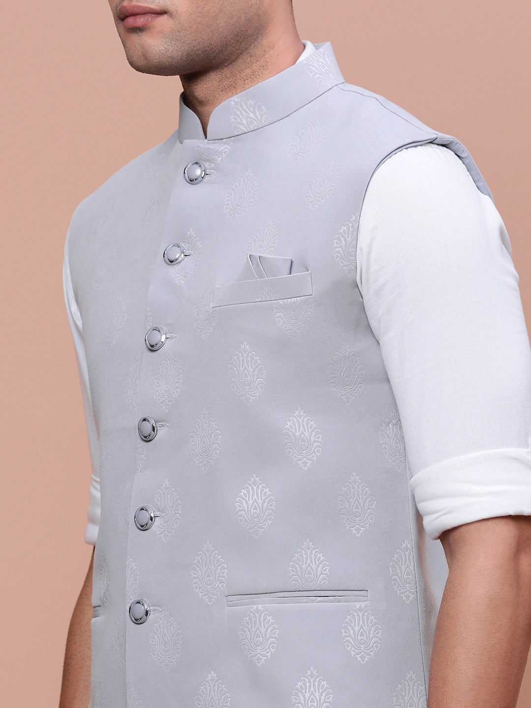 Men Woven Design Grey Slim Fit Nehru Jacket