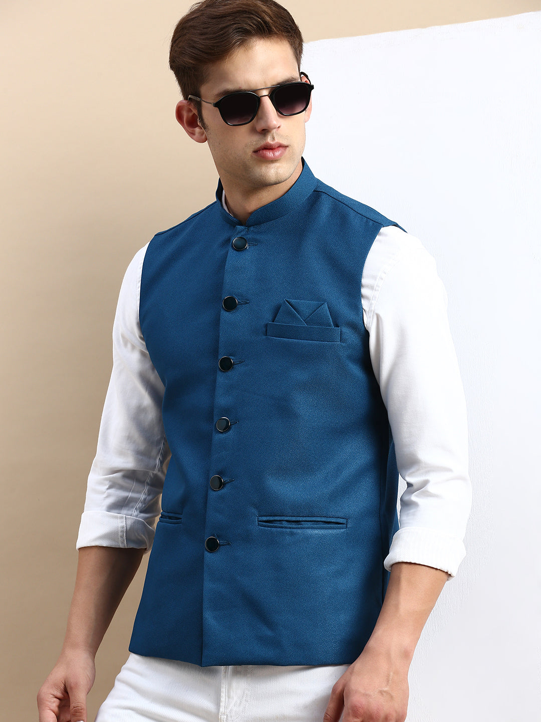 Men Mandarin Collar Woven Design Teal Nehru Jacket