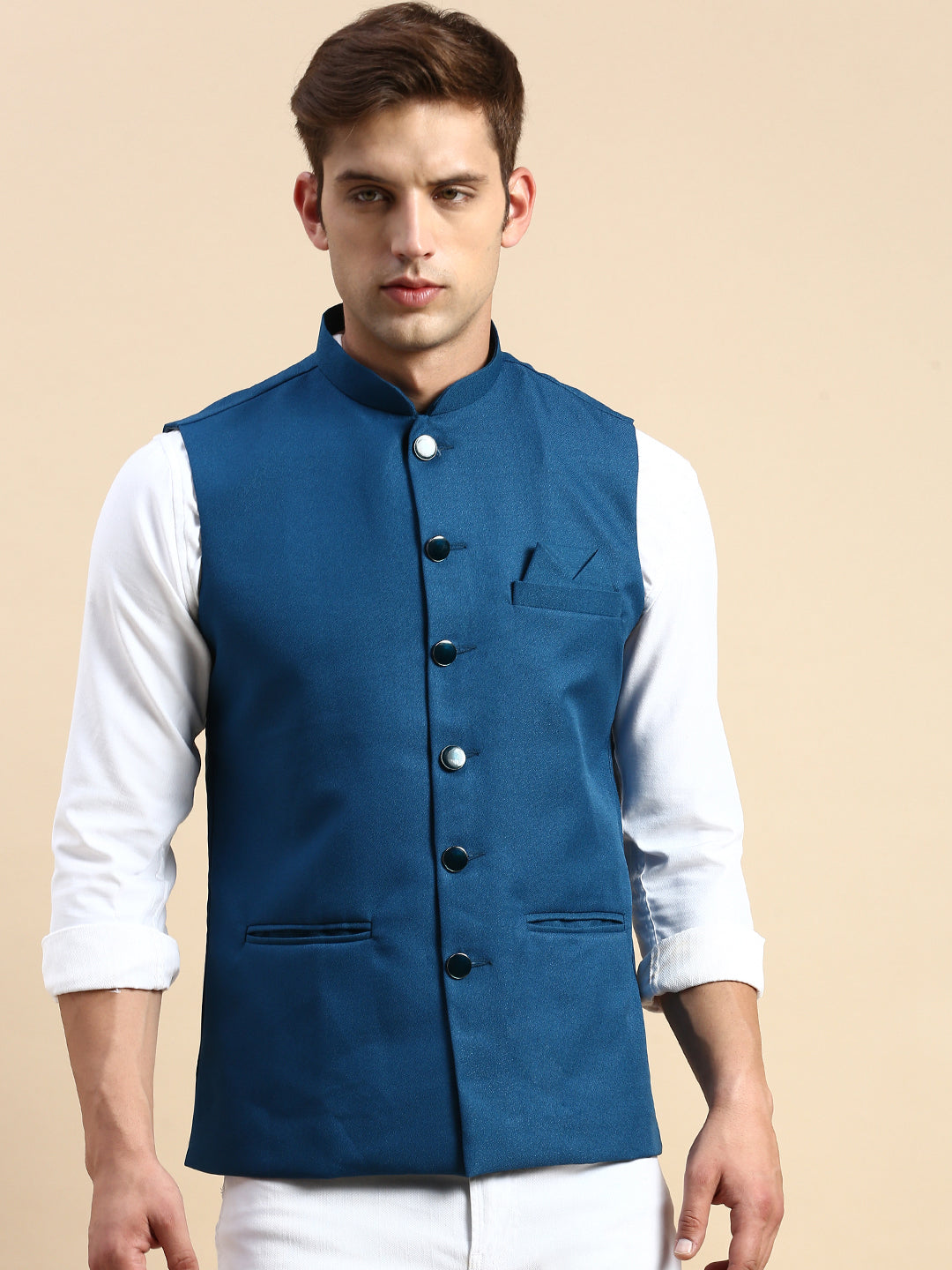 Men Mandarin Collar Woven Design Teal Nehru Jacket