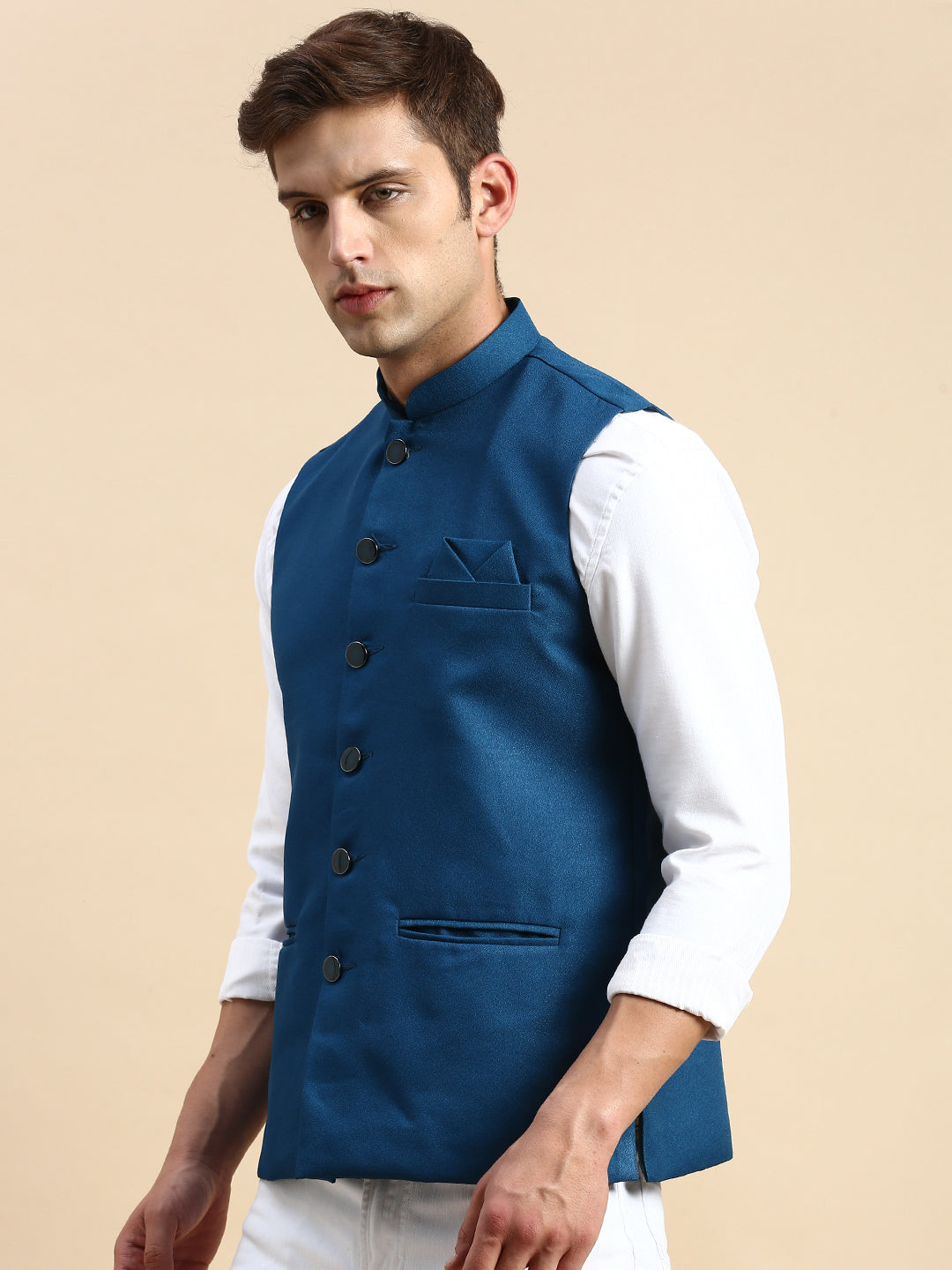 Men Mandarin Collar Woven Design Teal Nehru Jacket