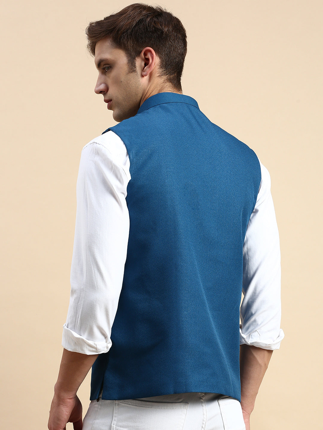 Men Mandarin Collar Woven Design Teal Nehru Jacket