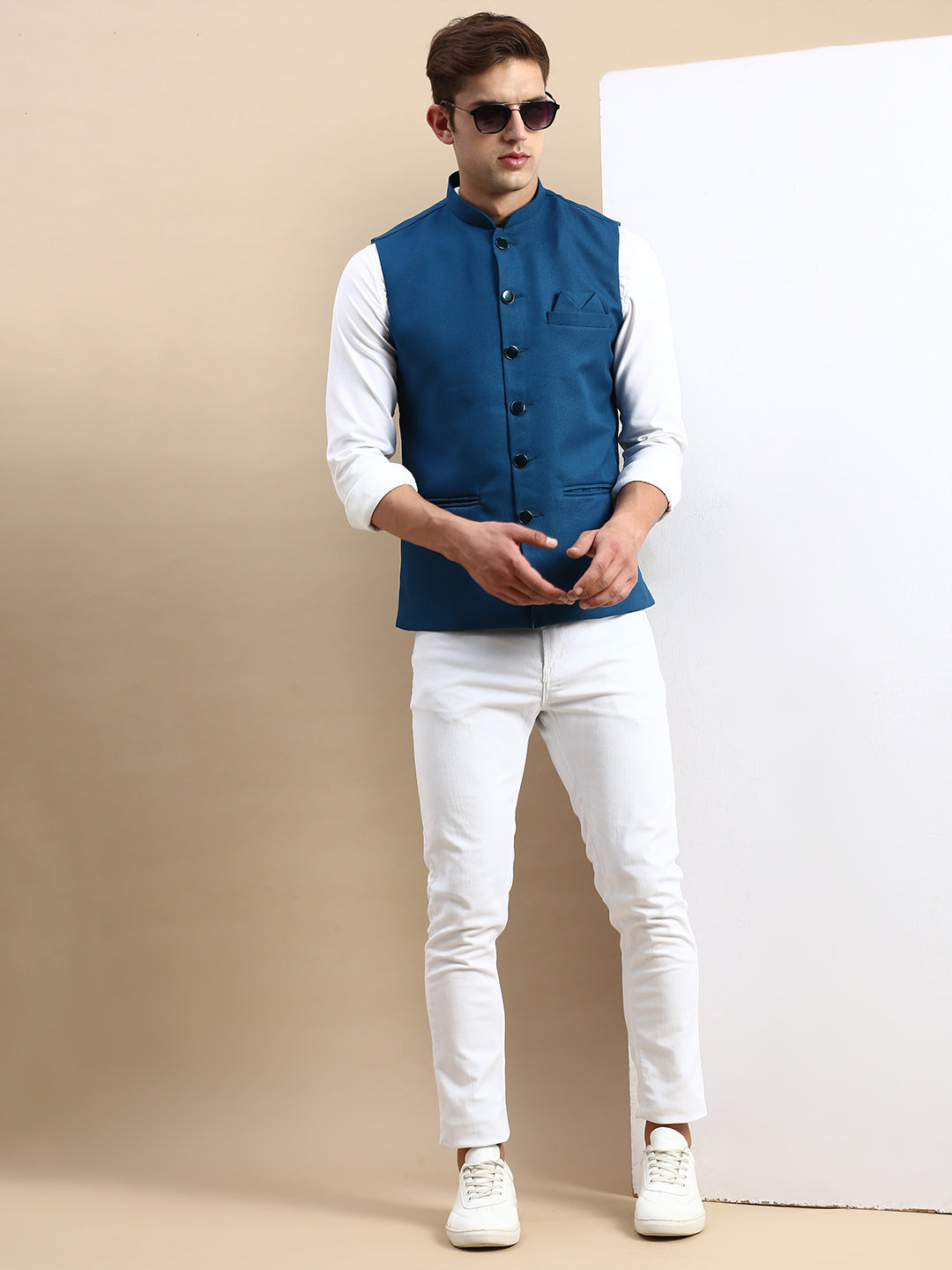 Men Mandarin Collar Woven Design Teal Nehru Jacket