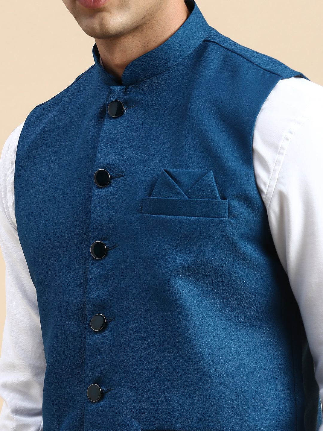 Men Mandarin Collar Woven Design Teal Nehru Jacket