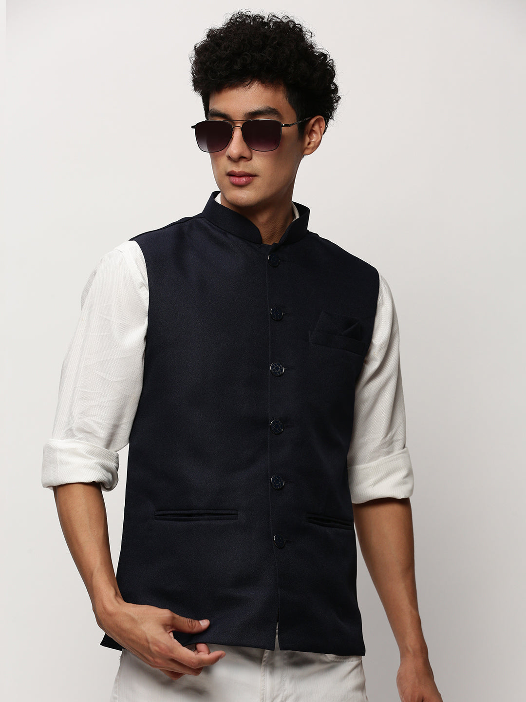 Men Mandarin Collar Solid Navy Blue Nehru Jacket