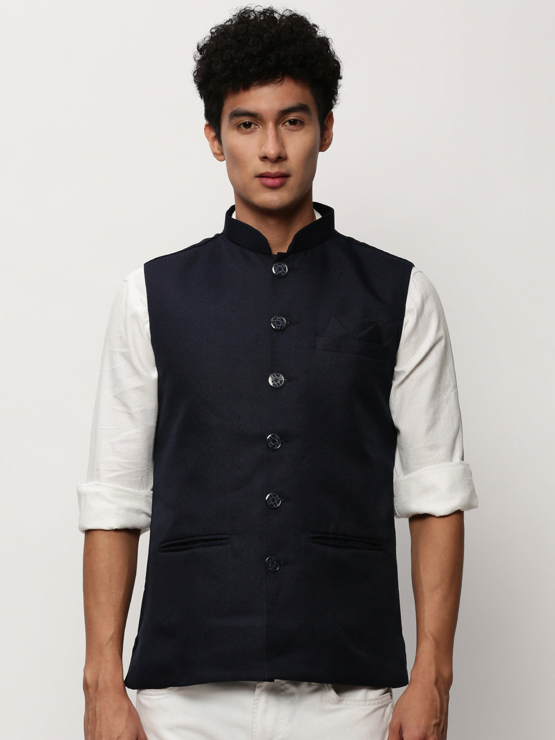 Men Mandarin Collar Solid Navy Blue Nehru Jacket