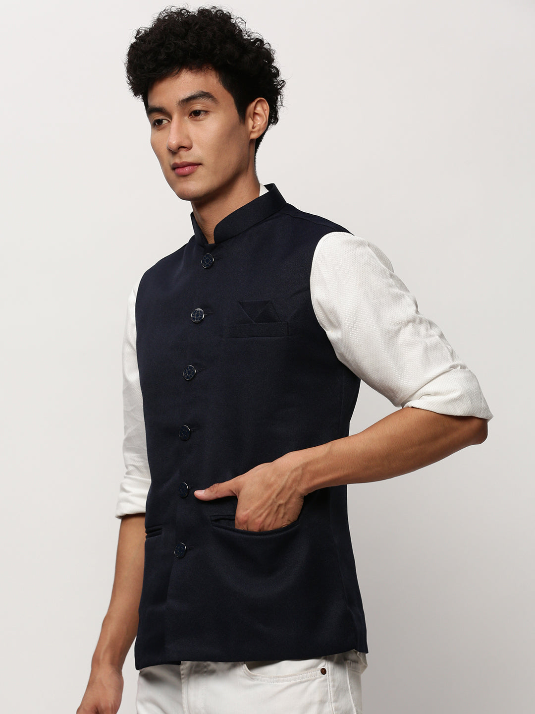 Men Mandarin Collar Solid Navy Blue Nehru Jacket