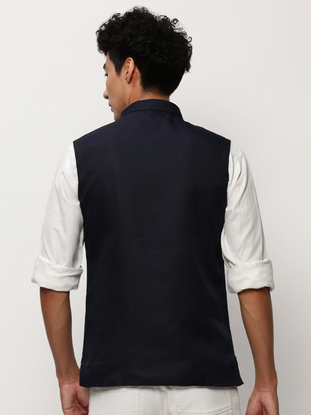 Men Mandarin Collar Solid Navy Blue Nehru Jacket