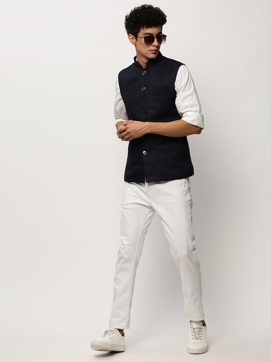 Men Mandarin Collar Solid Navy Blue Nehru Jacket