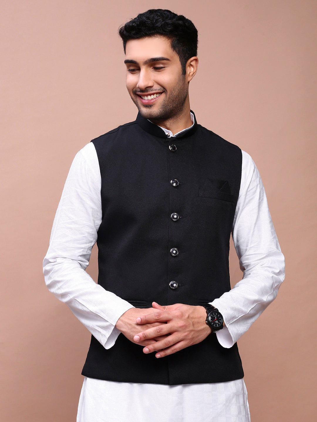 Men's Black Nehru Jacket with Mandarin Collar & Button Detail