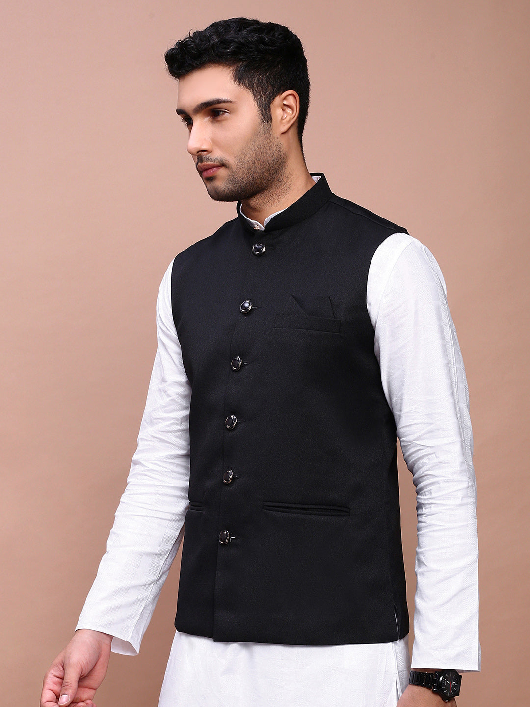 Men's Black Nehru Jacket with Mandarin Collar & Button Detail