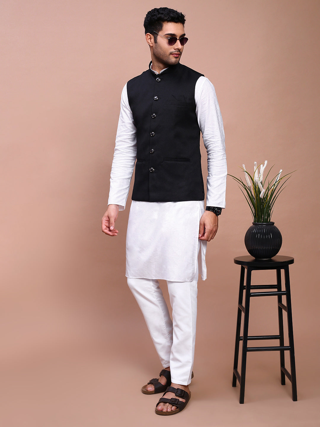 Men's Black Nehru Jacket with Mandarin Collar & Button Detail