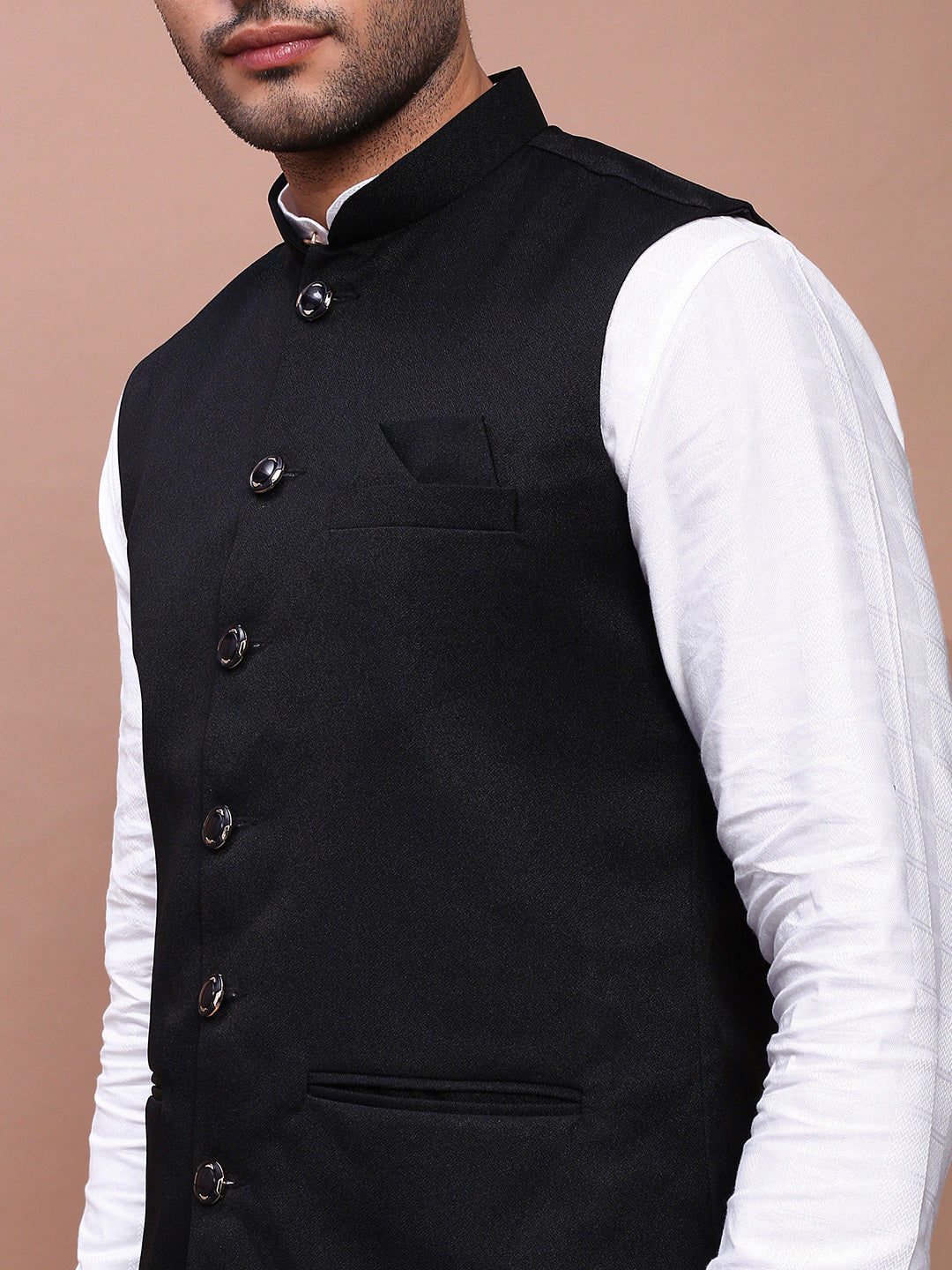 Men's Black Nehru Jacket with Mandarin Collar & Button Detail