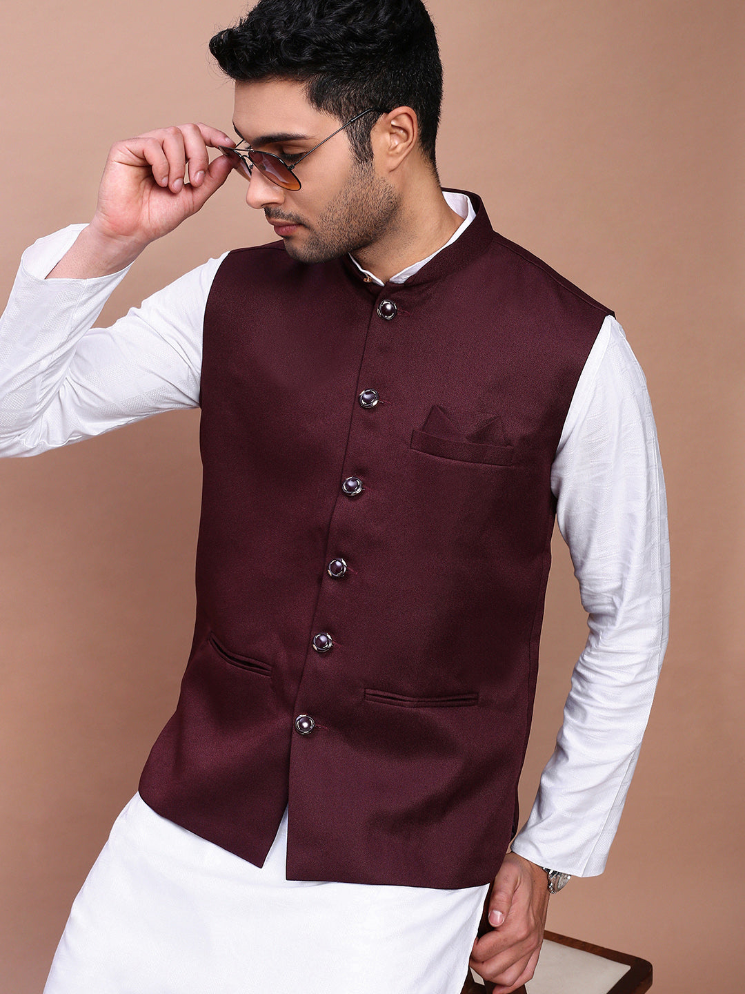 Men Solid Burgundy Slim Fit Nehru Jacket