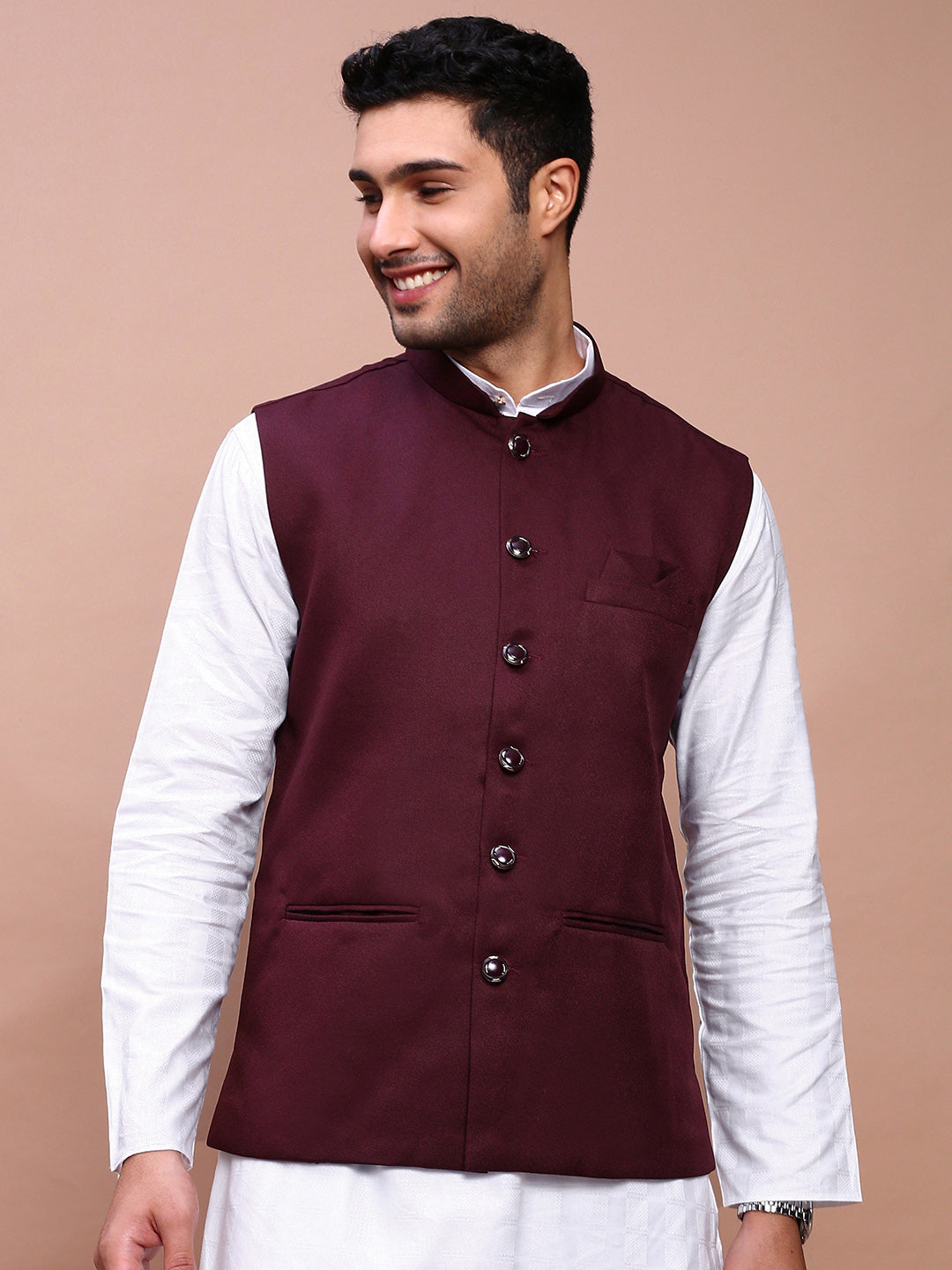 Men Solid Burgundy Slim Fit Nehru Jacket