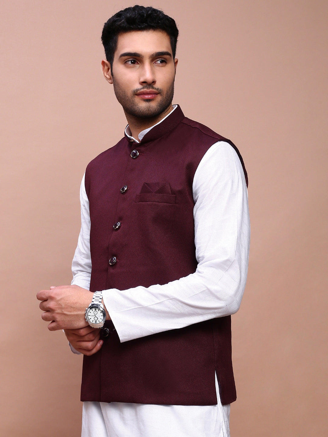 Men Solid Burgundy Slim Fit Nehru Jacket