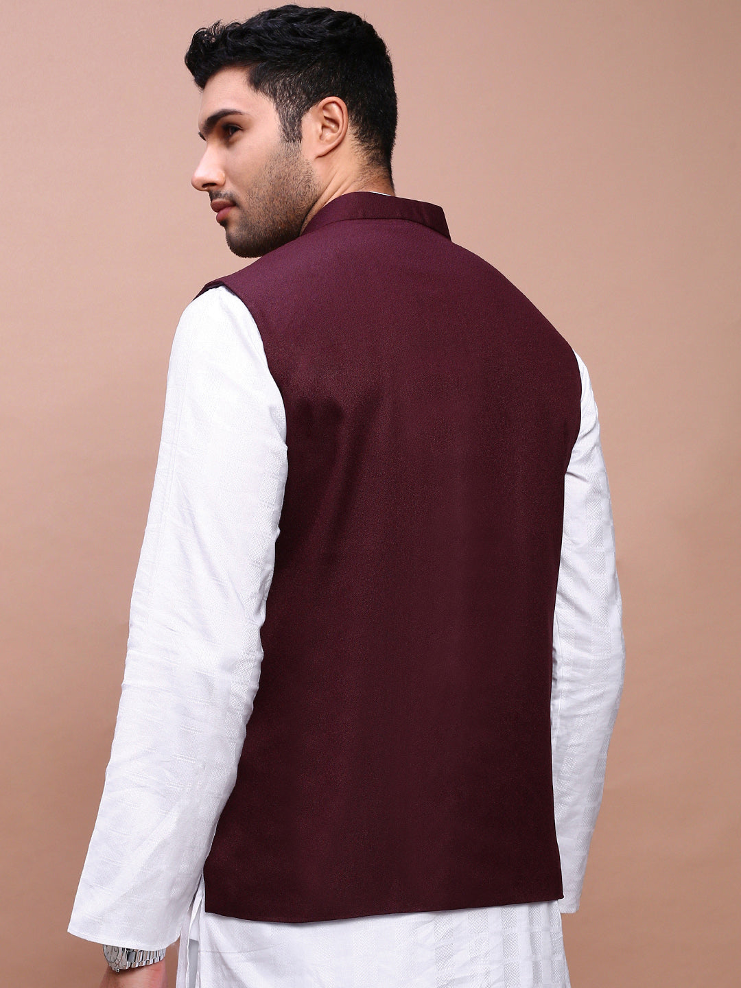 Men Solid Burgundy Slim Fit Nehru Jacket