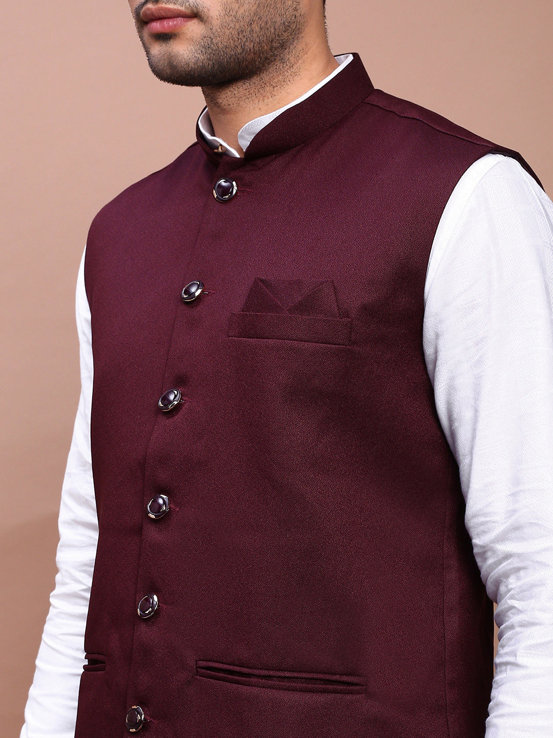 Men Solid Burgundy Slim Fit Nehru Jacket