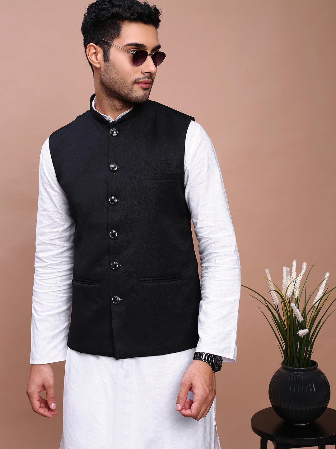 Men Solid Black Slim Fit Nehru Jacket