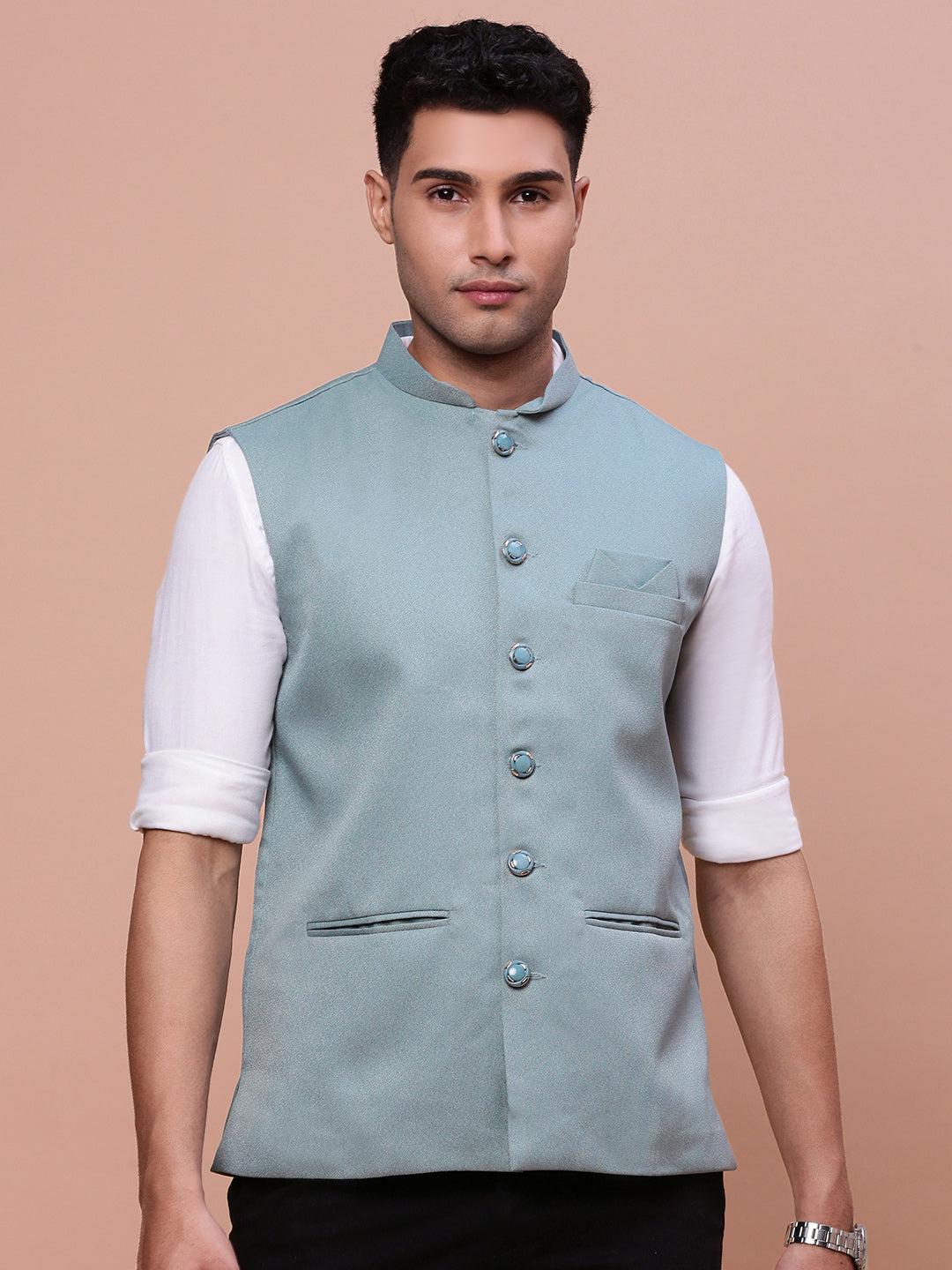 Men Solid Sea Green Slim Fit Nehru Jacket