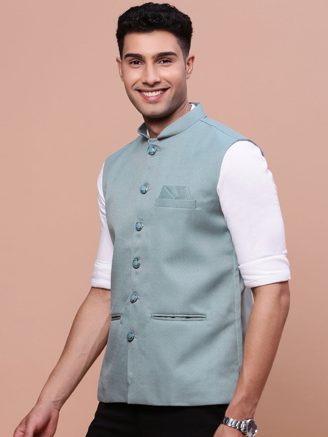 Men Solid Sea Green Slim Fit Nehru Jacket