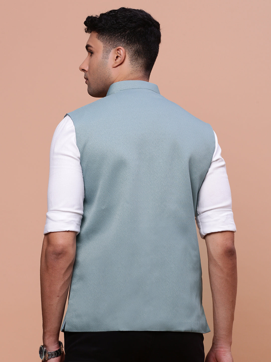 Men Solid Sea Green Slim Fit Nehru Jacket