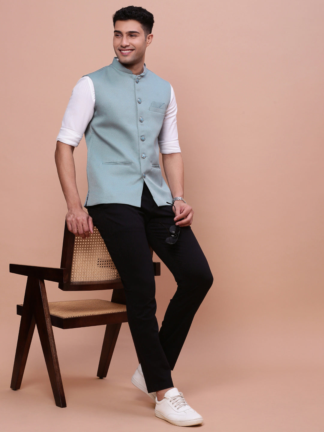 Men Solid Sea Green Slim Fit Nehru Jacket