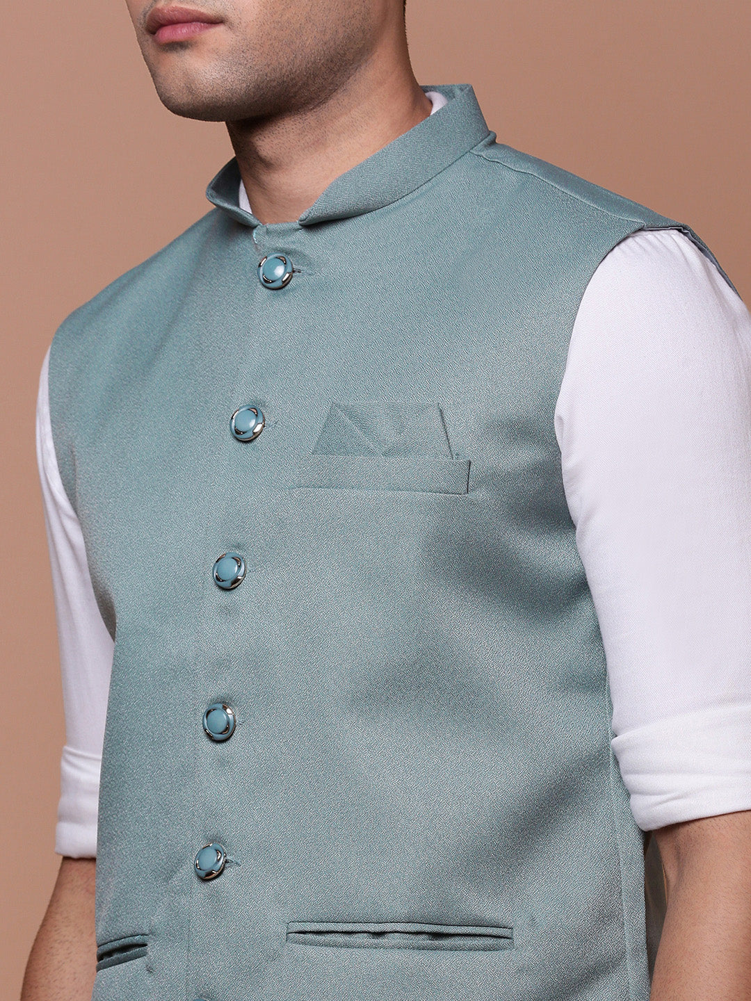 Men Solid Sea Green Slim Fit Nehru Jacket