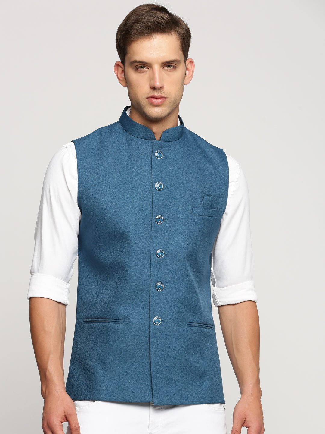 Men's Blue Nehru Jacket with Mandarin Collar & Button Detail