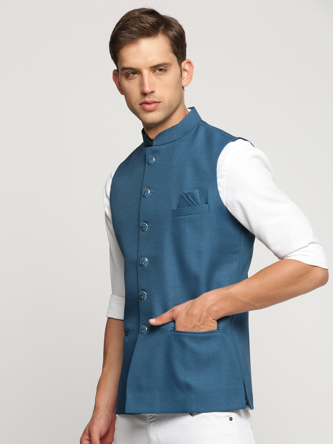 Men's Blue Nehru Jacket with Mandarin Collar & Button Detail