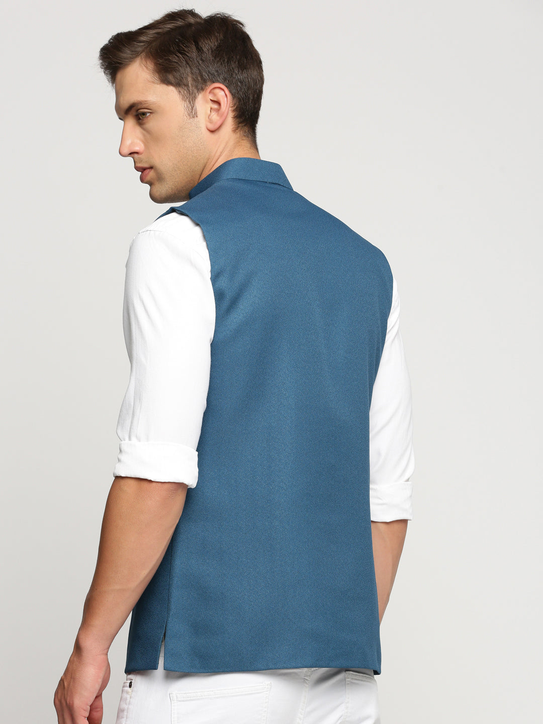 Men's Blue Nehru Jacket with Mandarin Collar & Button Detail