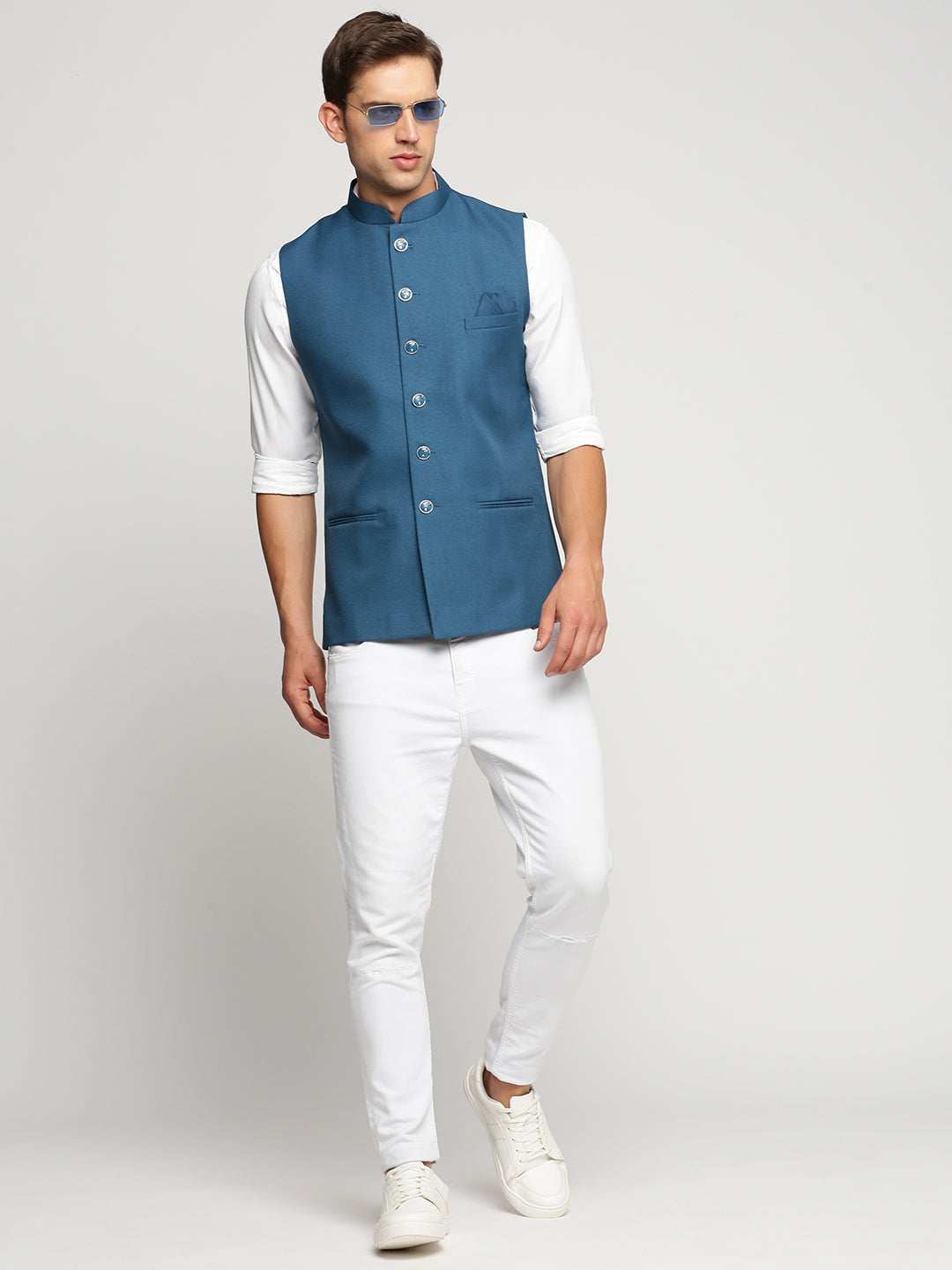 Men's Blue Nehru Jacket with Mandarin Collar & Button Detail